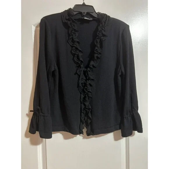 St. John Evening Women’s Santana Knit Silk Ruffle 2pc Pant Suit size 14 Black - Picture 9 of 11